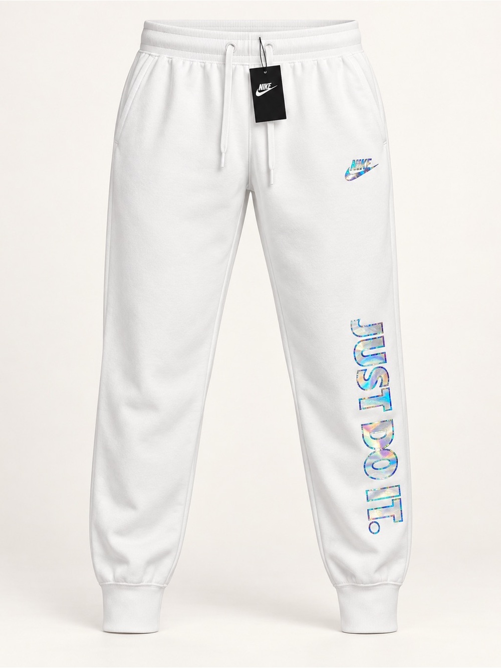 Nike White Joggers with Iridescent 'Just Do It.' Graphic